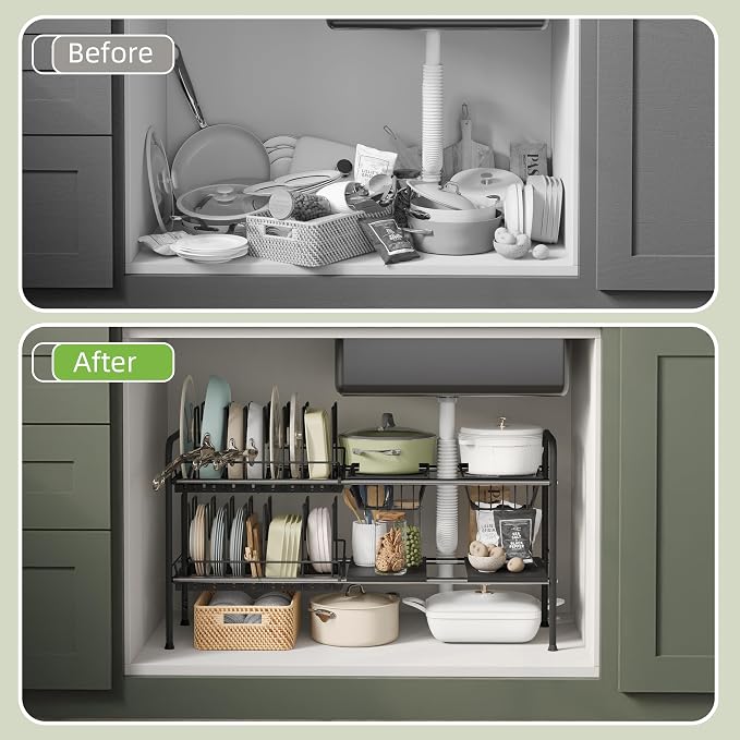 Expandable Under Sink Organizer，Pot and pan Organizer Under Cabinet | Pan Lid Organizer,Expandable Storage shelf with 2 Pan Racks（14 Dividers）and 4 Removable Panels,Adjustable partition height