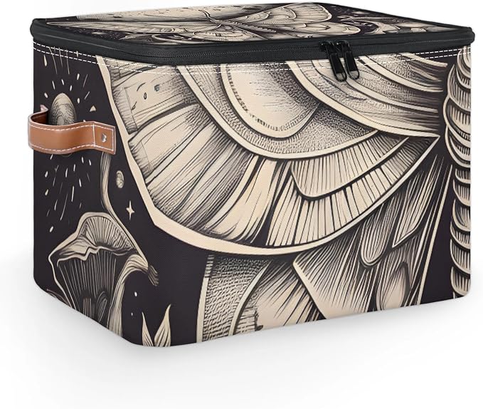 Boho Witchy Moth Foldable Storage Bin with Lid Zipper | Closet Shelf Organizer, Boxes, Basket Containers for Home, Lidded Storage Cube for Bedroom, Waterproof, with Handles