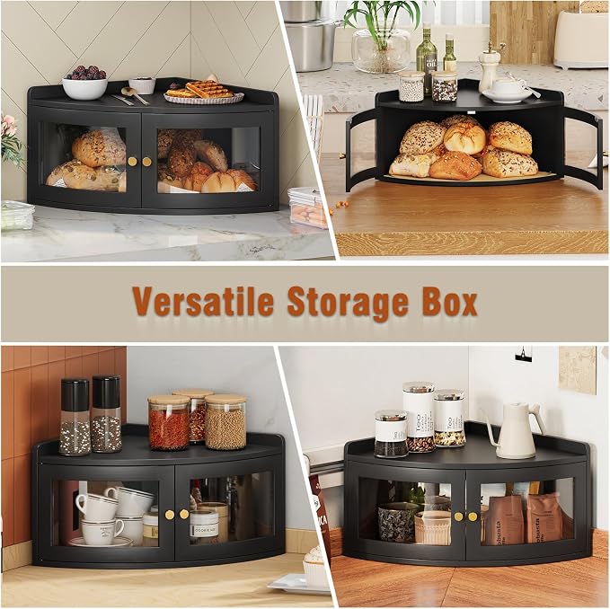 Trironsun Corner Bread Box for Kitchen Counter with Acrylic Transparent Door Bamboo Large Capacity Bread Storage Bin Fan Shape Breadbox Holder for Homemade Bread (Black 1 Layer)