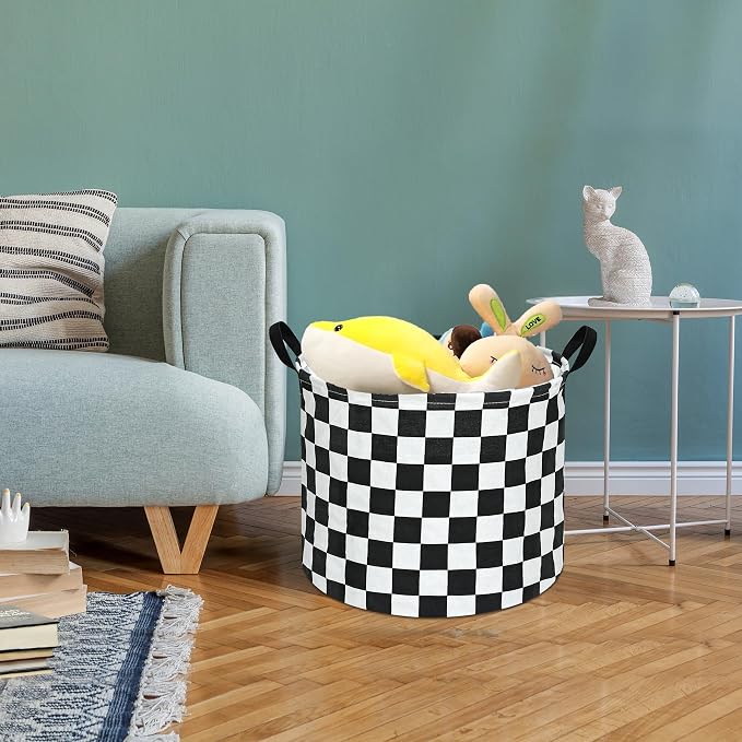 3 Pack Checkered Storage Baskets with Leather Handles, Foldable Fabric Toy Storage Bins with Waterproof Lining, Large Round Laundry Hamper for Kids Room, Nursery, Bedroom, Playroom Organization