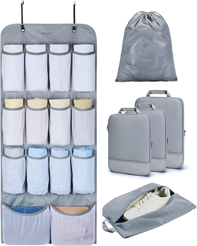 BAGSMART Hanging Compression Packing Cubes 6 Set Cruise Travel Essentials | 3-Fold Space Saving Hanging Shelves, Closet Organizers & Storage, Compressible Suitcase Organizer Bags, Machine Washable Cube