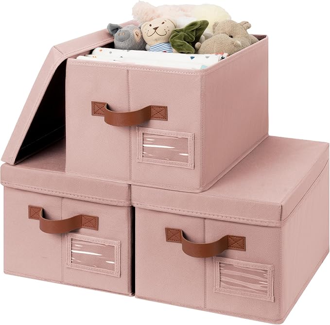 GRANNY SAYS Storage Bins with Lids, Decorative Storage Boxes with Lids | Storage Box with Dust Cover, Handles & Lable, Collapsible, Ideal for Closet Clothes Blanket Toys, Medium, Pink&Brown, 3-Pack
