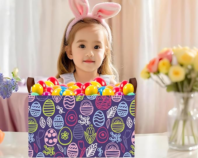 Large Rectangular Easter Baskets Empty Waterproof Boy Toy Box Foldable Kid's Gifts Storage Bin Spring Room Decor(Purple Striped Egg)