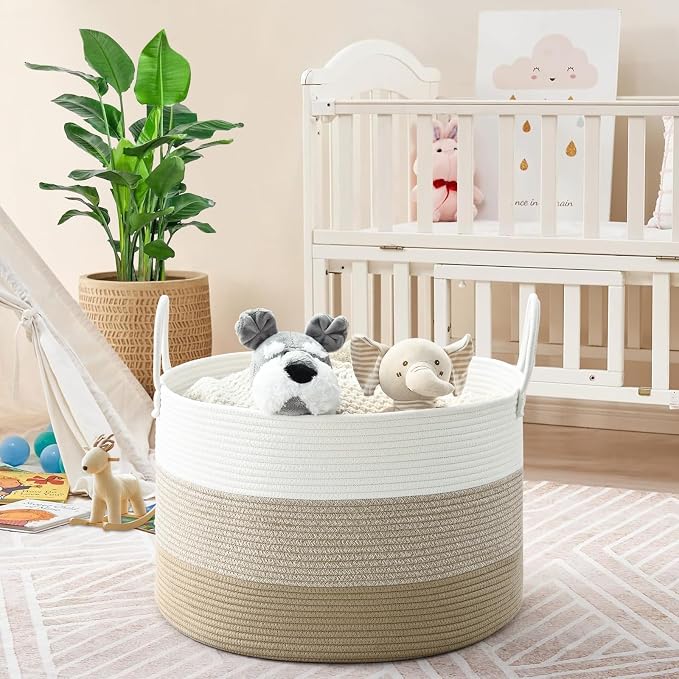 67L Large Woven Blanket Basket, Cotton Rope Baby Laundry Hamper with Handles, Kids Toy Basket for Classroom & Nursery, Soft Round Stuffed Animal Storage, Dog Toy Bin - 20"x13", Gradient Brown