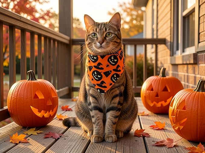 Fall Dog Bandanas 2PCS Halloween Pumpkin Spider Web Small Dog Cat | Reversible dog bandanas for fall & Halloween & Thanksgiving. Orange plaid/pumpkin/Spider Web design. Fits small dog cat