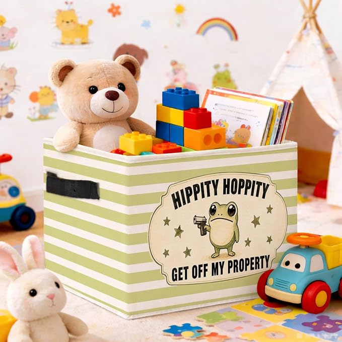 Funny Frog Green Stripe Foldable Fabric Storage Bin | Hippity Hoppity frog design; foldable fabric storage bin for bedroom, dorm, closet, toys, books, or clothes.