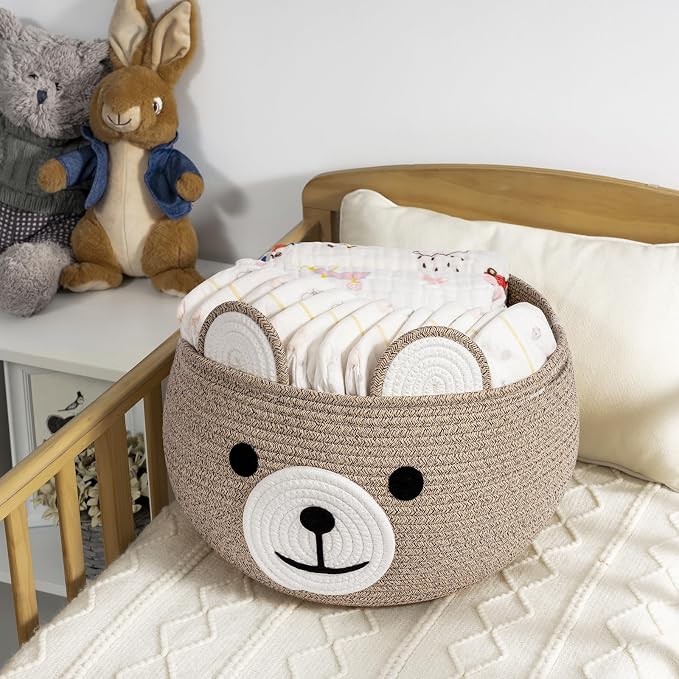 CherryNow Large Baby Basket for Gifts Empty, Cute Bear Design, Light Brown | 15.7" x 10.5" Baby Shower Basket for Kids Boys Newborn Storage, Woven Rope Toy Basket, Fits Living Room Nursery Décor
