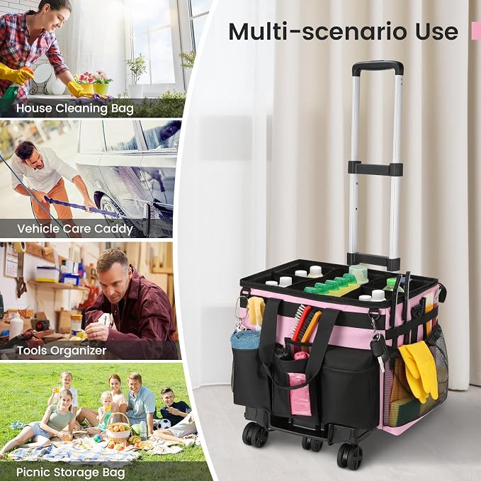 Housolution Extra Large Rolling Cleaning Caddy Bag with Wheels, Pink | Upgrade 360° Free Rotating, Detachable Trolley & Dust-Proof Lid, High load Bearing & Waterproof