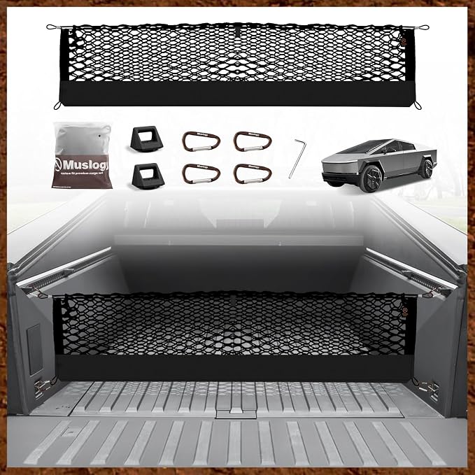 Muslogy Cargo Net for Tesla Cybertruck 2024 2025 2026 Accessories | Custom Fit, Truck Bed Storage Organizer Net for Pickup Truck Bed Divider, Heavy Duty Carabiners, Night Visible Grab Handle