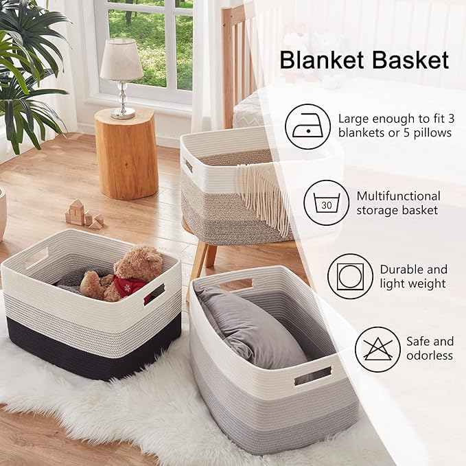 OIAHOMY Blanket Basket Laundry Basket Dog Toy Basket 75L Gradient Black | Large Storage Basket,Baby Basket,Toy Storage,Woven Rope Basket for Blankets,Blanket Storage for Living Room