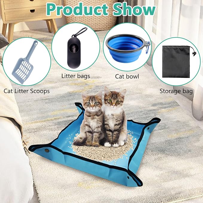 BNOSDM Travel Litter Box for Cats Foldable Litter Boxes Kit Portable Litterbox with Scoop Bowl Waterproof & Non-Stick for Hotels, Outings, Temporary Stays, Car, Plane (Blue)