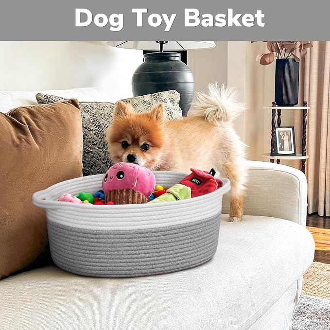 Goodpick Medium Woven Rope Gift Basket Empty, 13.6"x 10"x 6", Grey | Storage Basket with Handles for Baby Shower & Toys, Fits Living Room Bathroom Organizer, Versatile Dog Toy Storage Bin