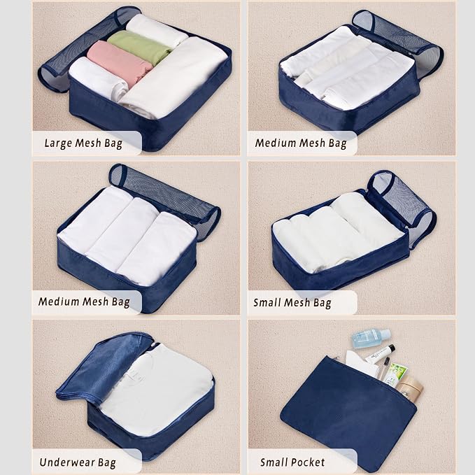 Vercord 7 Set Travel Packing Organizers Cubes Luggage Suitcase Organizer Bags Clothes Underwear Cube Shoe Pouch Pack Dark Blue
