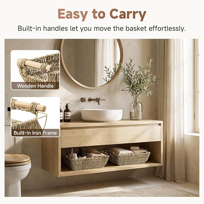 StorageWorks Hand-Woven Jumbo Storage Baskets with Wooden Handles, Seagrass Wicker Baskets for Organizing, 2-Pack | Wicker Storage Baskets for Shelves, Baskets with Wooden Handles, 2-Pack Gifts Basket for Home Decor, Hand-Woven Basket