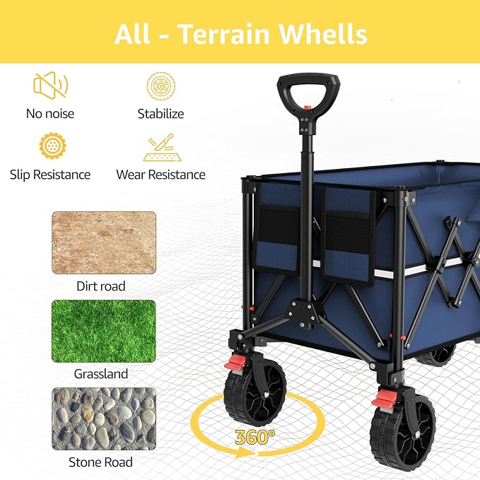ROSONG Collapsible Wagon Cart with Wheels Foldable - Folding Utility Heavy Duty Wagons Carts for Grocery Sports Garden Shopping Camping Wheelbarrows (Navy Blue, 150L)