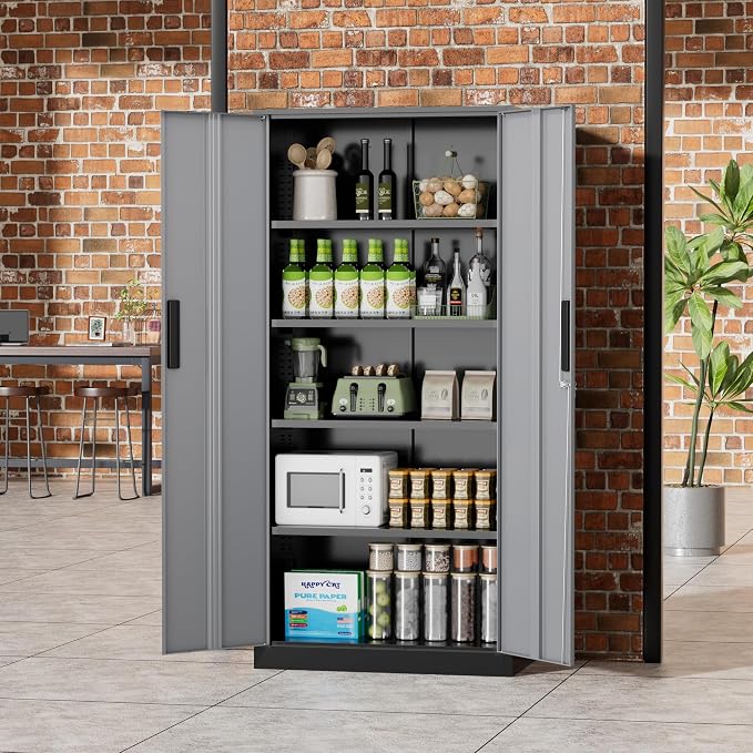 Greenvelly Metal Storage Cabinet,72" Locking Metal Garage Storage Cabinet with Doors and 4 Adjustable Shelves, Lockable Steel Cabinet for Home Office, Garage, Shop, School (Black Grey 32" W x 16" D)