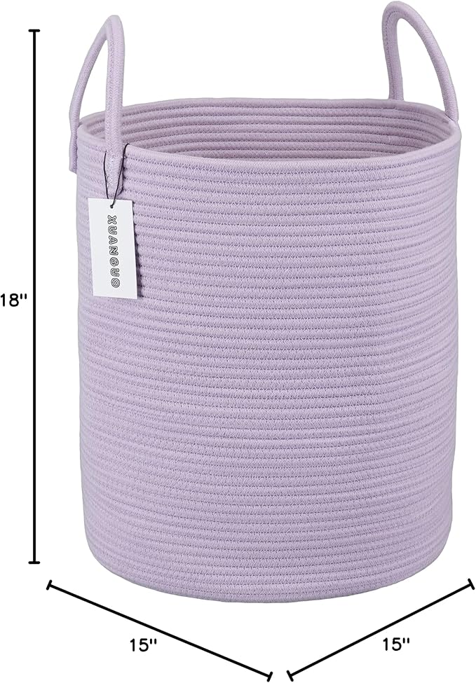XUANGUO Rope Laundry Basket Hamper for Clothes Large Purple or Lavender | Baby Nursery Hamper Bin and Woven Storage Basket for Living Room Bedroom Boho Tall Rope Baskets Blankets Toys Pillows Towels