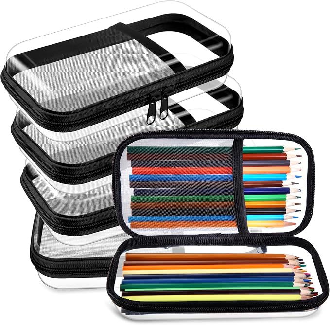 Sanwuta 4 Pcs Clear Hard Shell Zipper Case Plastic Case, Black | Plastic Portable Travel Organizer Bin with Mesh, Pocket Toiletry Pouch, Cosmetics Makeup Bag, Snack Toiletry Bag
