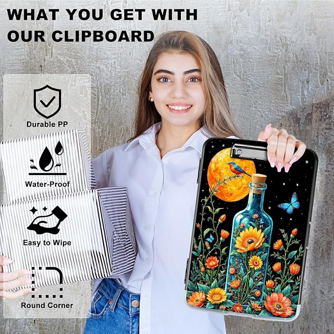 A4 Clipboard with Storage Pen Holder, Clipboards Organizer Nursing Clipboard Foldable File Folder Plastic Clipboard Folio Clip Board for Office Classroom Doctor, Drift Bottle Flowers Birds