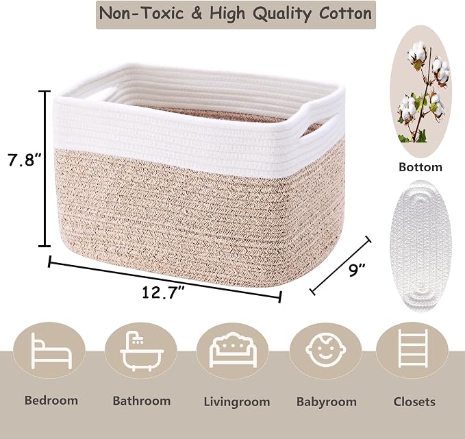 4 Pack Storage Baskets for Organizing Woven Baskets for Shelves | Cotton Rope Rectangle Storage Basket Bins for Bedroom & Living Room 12.7''Lx9''Wx7.8''H, Brown & White
