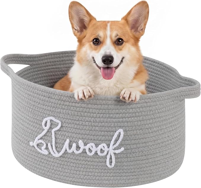 OIAHOMY 22L Large Dog Toy Basket, 16.5"x11.4"x9" Cotton Rope Basket with Cute Woof Embroidery, Soft Woven Pet Toy Box with Handles for Blankets, Leashes & Puppy Accessories, Decorative Organizer Gray