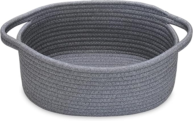 ABenkle Small Basket with Handles, Boho Decorative Rope Woven Dog Cat Toy Storage Bin Shelf Storage Organizer, Easter Christmas Gift Basket, 12"x8"x5"