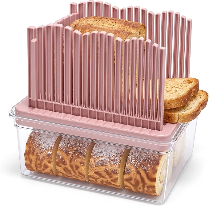 VECELO 2‑in‑1 Bread Slicer & Airtight Bread Storage Box with Handle, Plastic Bread Container with Lid for Keeping Fresh, Ideal for Bread, Cake, Buns,Pink