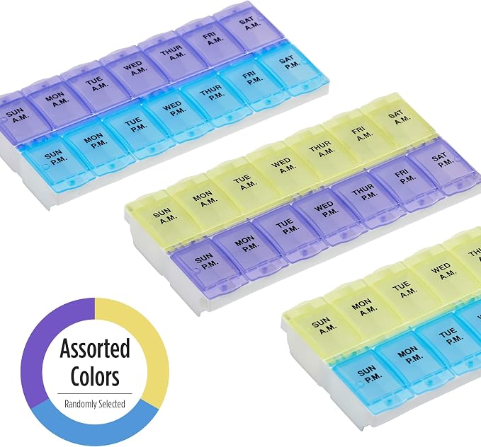 EZY DOSE (7-Day) AM/PM Pill Planner, Medicine Case, Vitamin Organizer Box, 2X-Large Locking Compartments to Secure Medication and Prevent Spilling, Color May Vary (Randomly Selected), BPA Free