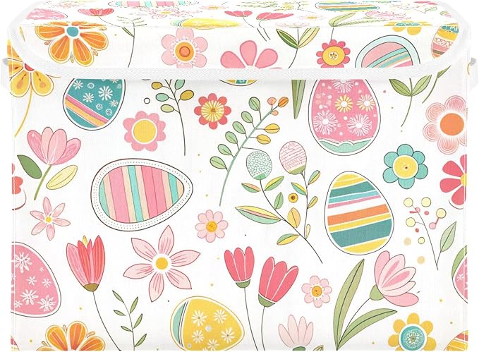 Easter Flower Eggs Storage Bins with Lids and Carrying Handle,Foldable Storage Boxes Organizer Containers Baskets Cube with Cover for Home Bedroom Closet Office