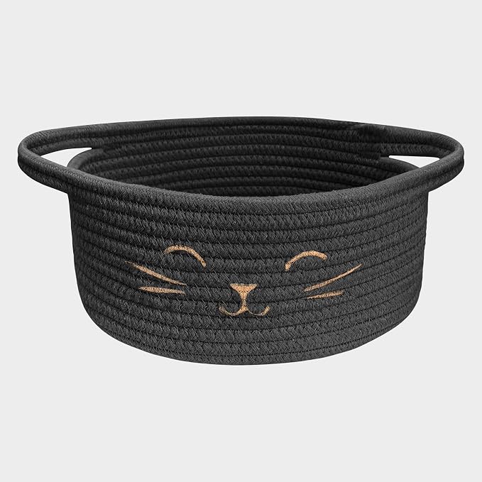 Small Cat Toy Basket, Gift Baskets Empty for Baby Shower,9.8" x 4" | Boo basket Cute Woven Rope Storage Basket for Home Decor, Baby Baskets for Nursery, Cat Pet toy box, Black