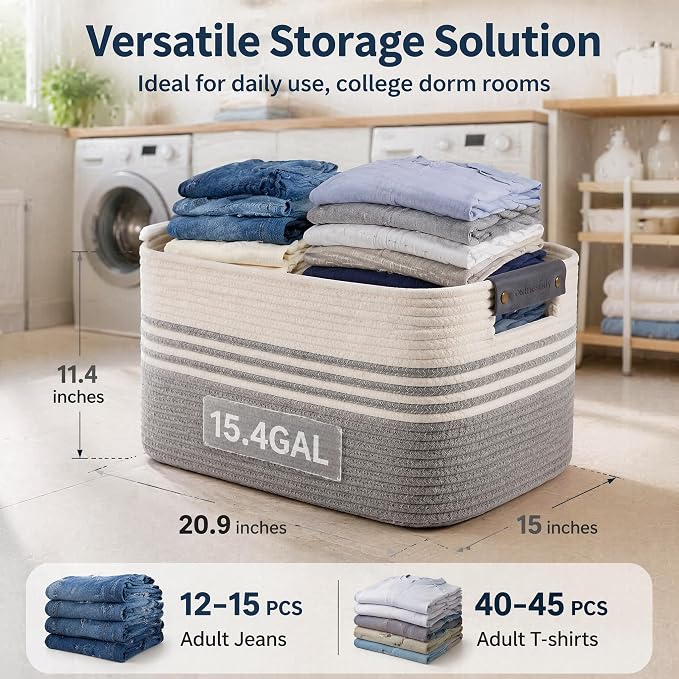 Cotton Rope Laundry Basket Medium, 15.4GAL Collapsible Woven Storage Baskets for Living Room Kids Toys Stuffed Animal,Boho Rectangular Decorative Short Hamper for Dirty Clothes, Blankets White Grey