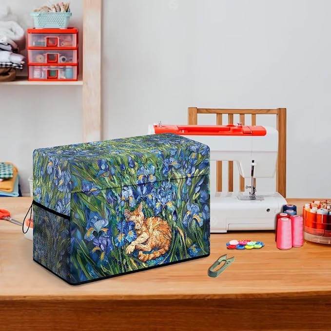 Iris Flower Orange Cat Pattern Sewing Machine Cover Heavy-Duty Dust & Pet Hair Protection with Storage Pocket, Fits Brother, Singer, Janome Machine (Green)
