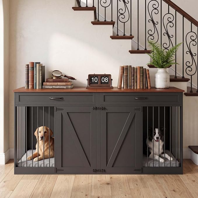 71'' Double Dog Crate Furniture for 2 Dogs, Dog Crate with 2 Drawer | Farmhouse Dog Crate TV Stand with Removable Divider Dog Kennel Furniture, Heavy Duty Dog Cage and TV Stand for Large Mediu