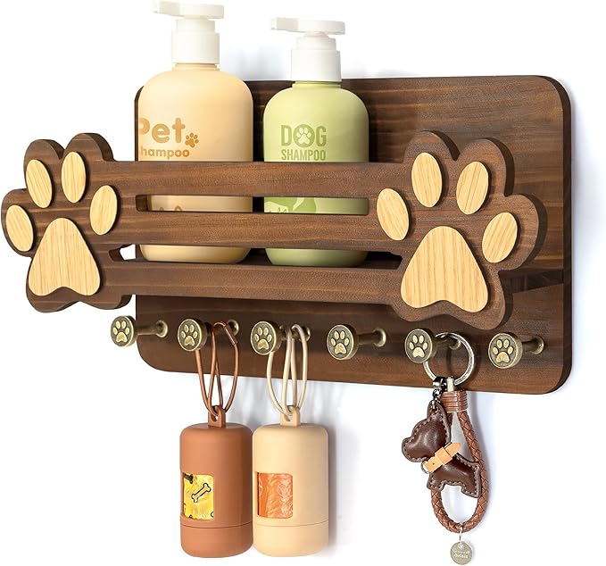 MTERSN Farmhouse Dog Leash Holder for Wall with Shelf for Pet Owner, Brown | 3D Paw-print Design, Mail Holder Wall Mount, 6 Hooks for Dog Leash, Keys & Wallets, Hold Mail, Letter & Frame, Rustic Decor