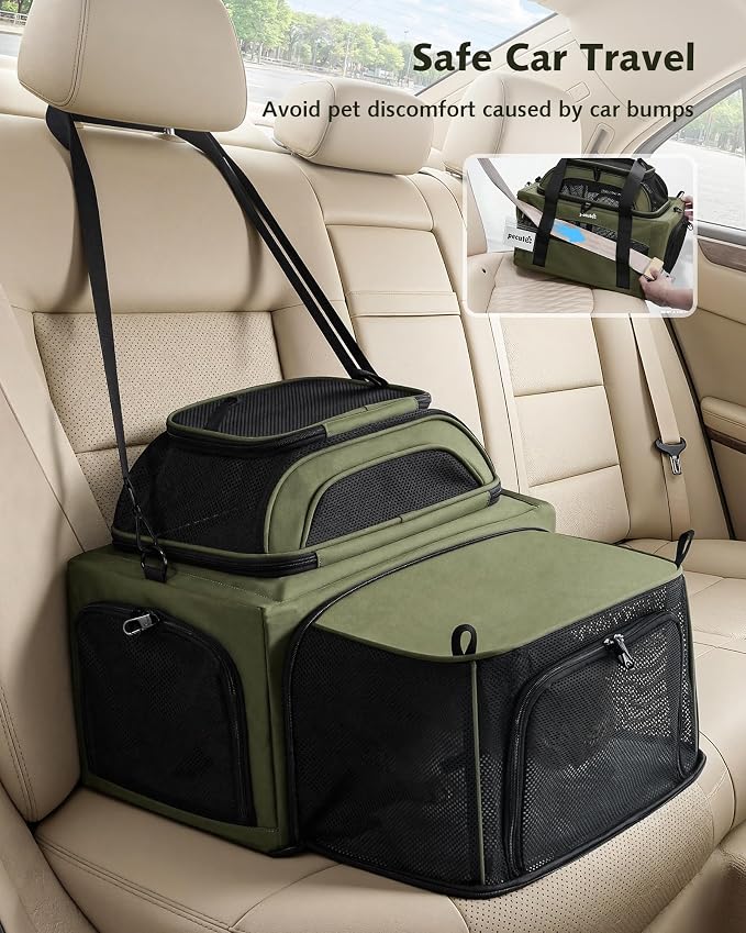 Pecute Top Expandable Airline Approved Pet Carrier for Cats, Olive Green | Airline Approved Dog Carrier, Under-seat, Breathable, Anti-scratch Mesh, Safety Leash, Locking Zippers, Leakproof Pee Pad