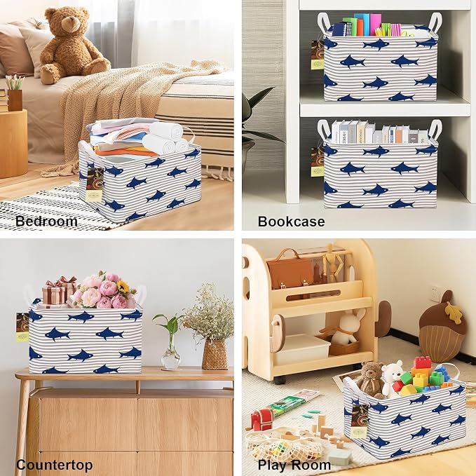 Rectangle Foldable Storage Basket Handles For Home, Shark | Waterproof canvas material, reinforced handles, perfect for shelf use, organizes clothes, daily items and pet supplies