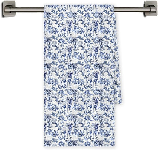 Chicimln Chinoiserie English Bulldog Kitchen Towels, English Bulldog Gifts Decorative Hand Towels for Bathroom, Blue and White Dog Dish Tea Towel Drying Cloth for Kitchen Decor, 16x24 Inch