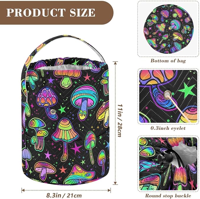 Fustylead Colorful Psychedelic Mushrooms Yarn Knitting Crochet Drawstring Bag with Customized Front Compartment, Portable Large Storage Basket for Crocheting Project, Kit, Yarn Ball, Needles