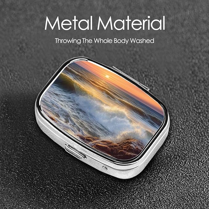 Square Pill Box Rocky Wave Sunset Painting Pill Case for Purse & Pocket 3 Compartment Pill Organizer Portable Travel Pillbox Medicine Pill Holder Container for Daily Vitamin Cod Liver Oil Storage