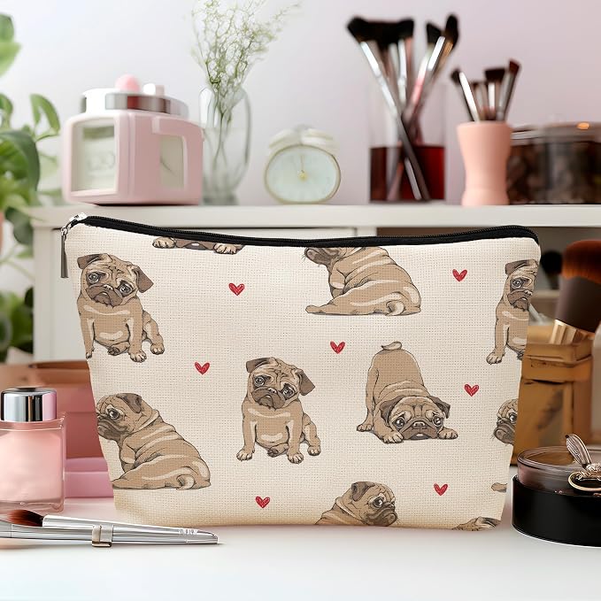 Pug Dog Makeup Bag, Pug Lovers Gifts Cosmetic Bag for Women, Dog Mom Lovers Owner Gifts for Women, Pet Lover Gift Zipper Travel Makeup Pouch for Purse