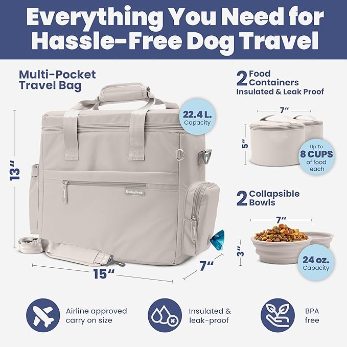 Original Doggy Bag™ Dog Travel Bag for Supplies with Travel Bowls | 2 BPA-Free Collapsible Bowls, 2 Pet Food Containers, TSA-Ready, Road Trips, Camping, Weekend Getaways, Doggy Gift, Beige