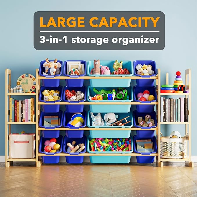 Modern 6-Shelf Toy Organizer with 16 Removable Bins for Kids Room Decor and Playroom Storage by SpaceAid