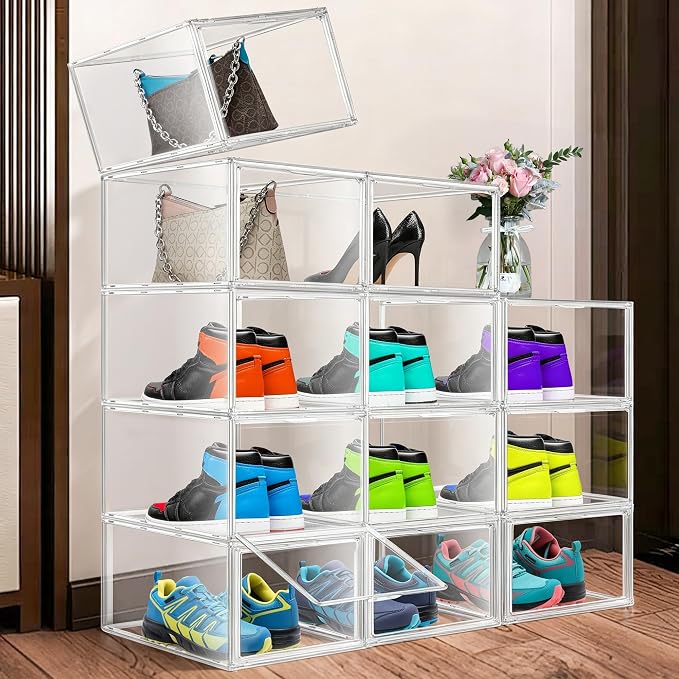 12 Pack Clear Shoe Storage Boxes Stackable, Large Sneaker Organizer | Acrylic Magnetic Door, Plastic Drop Front Shoe Containers for Men up to Size 12.5, Transparent Shoe Organizer for Closet