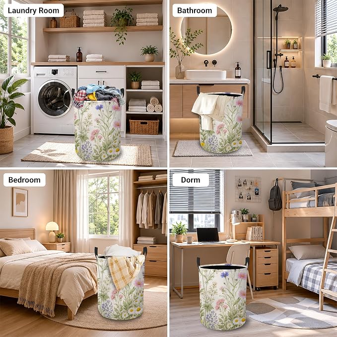 Flower Herbs Laundry Basket Oxford Cloth Wild Plant Laundry Hamper With Handle Foldable Portable Clothes Storage Basket Storage Bag For Laundry Room/Bathroom/Bedroom/Dormitory 20.8"x16"