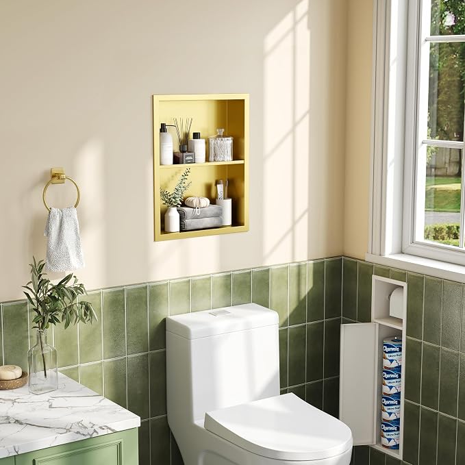 Qeke 14x 18 Medicine Cabinet Recessed with Double Shelves, Brushed Golden | 304 Stainless Steel Medicine Cabinet without Mirror, No Tile Needed Wall Niche for Bathroom Storage, Space Saving & Durable