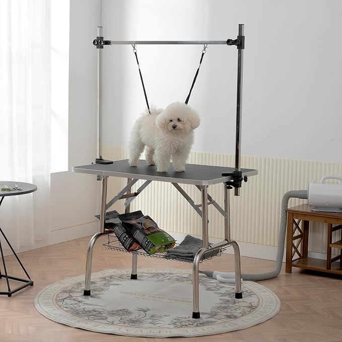 Pet Dog Grooming Table, Foldable Stainless Steel Pet Drying Grooming Table Up to 330lbs, Professional Bathing Desk for Dogs at Home with Adjustable Overhead Arms, Noose, Mesh Tray, 42''/Black