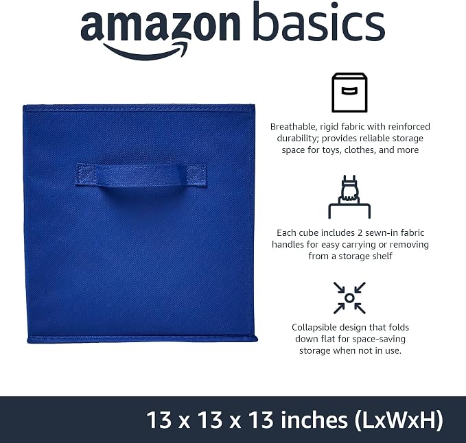 Amazon Basics Collapsible Fabric Storage Bins, Cube Organizer with Handles, 13"x13"x13", Navy, 6-Pack