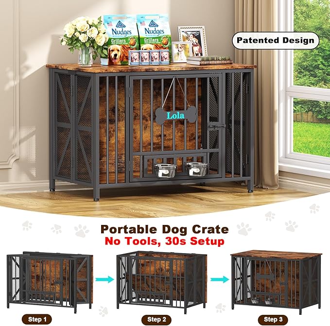 Easycom Foldable Large Dog Crate Furniture, 41.3" Assembly-Free Dog Crates for Large Dogs, Wooden Dog Kennel Indoor with Tag & Dog Bowls, Dog Cage Use as TV Stand, Rustic Brown | Foldable Large Dog Crate Furniture for Large Dogs, Wooden Dog Cage Use as...