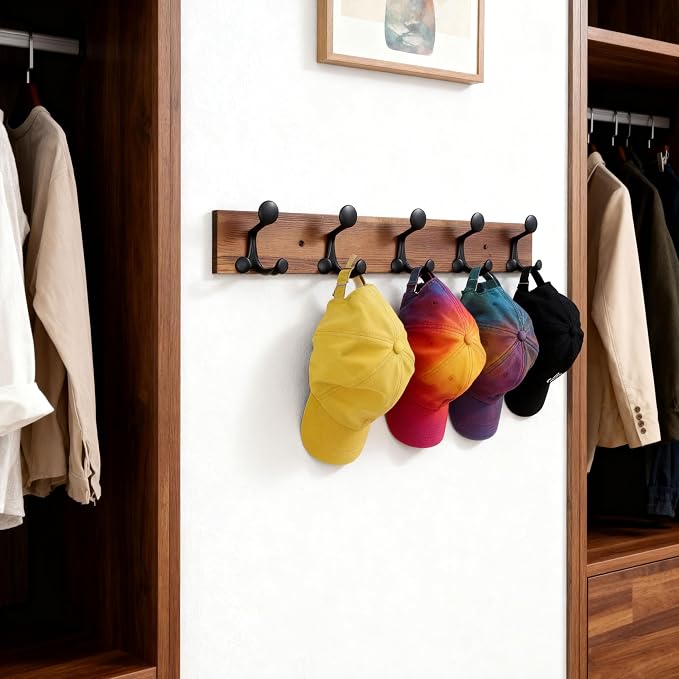 SKOLOO 30-Inch Wood Coat Rack Wall Mount with 5 Triple Hooks - Ideal for Family Entrances, Classrooms, and Pet Supplies Storage - Perfect Coat Hooks for Wall,Charred Golden Brown, Pack of 2