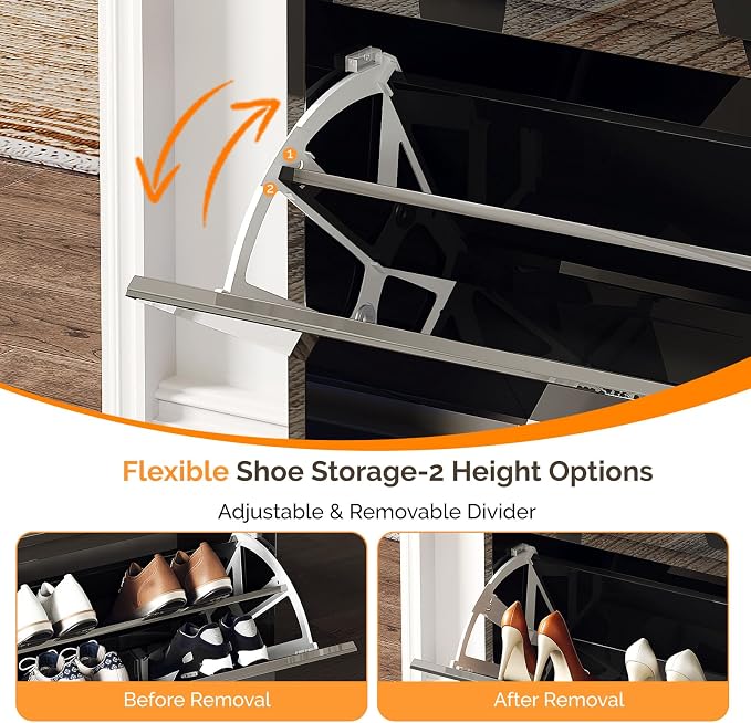 VINGLI Black Shoe Cabinet with LED Lights, Narrow Shoe Storage Organizer with 2 Flip Drawers & Side Cabinet for Tall Boots, Slim Entryway Hidden Shoe Rack Space Saving, Modern High Gloss, 42"